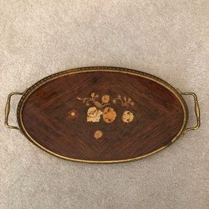 1950’s inlaid wood and brass tray. Excellent vintage condition